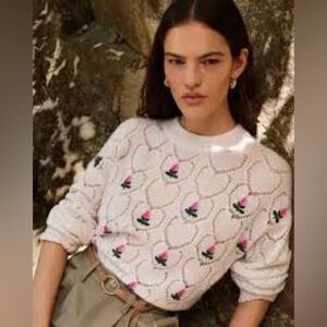 Aqua Cashmere Tulip Floral Embroidered Cashmere Sweater Cream/Pink Size Small